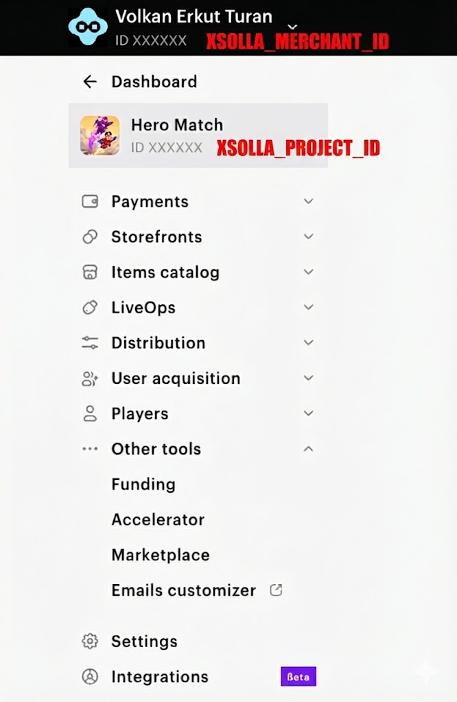 Xsolla dashboard showing Merchant ID, API Key, Project ID, and Secret key fields