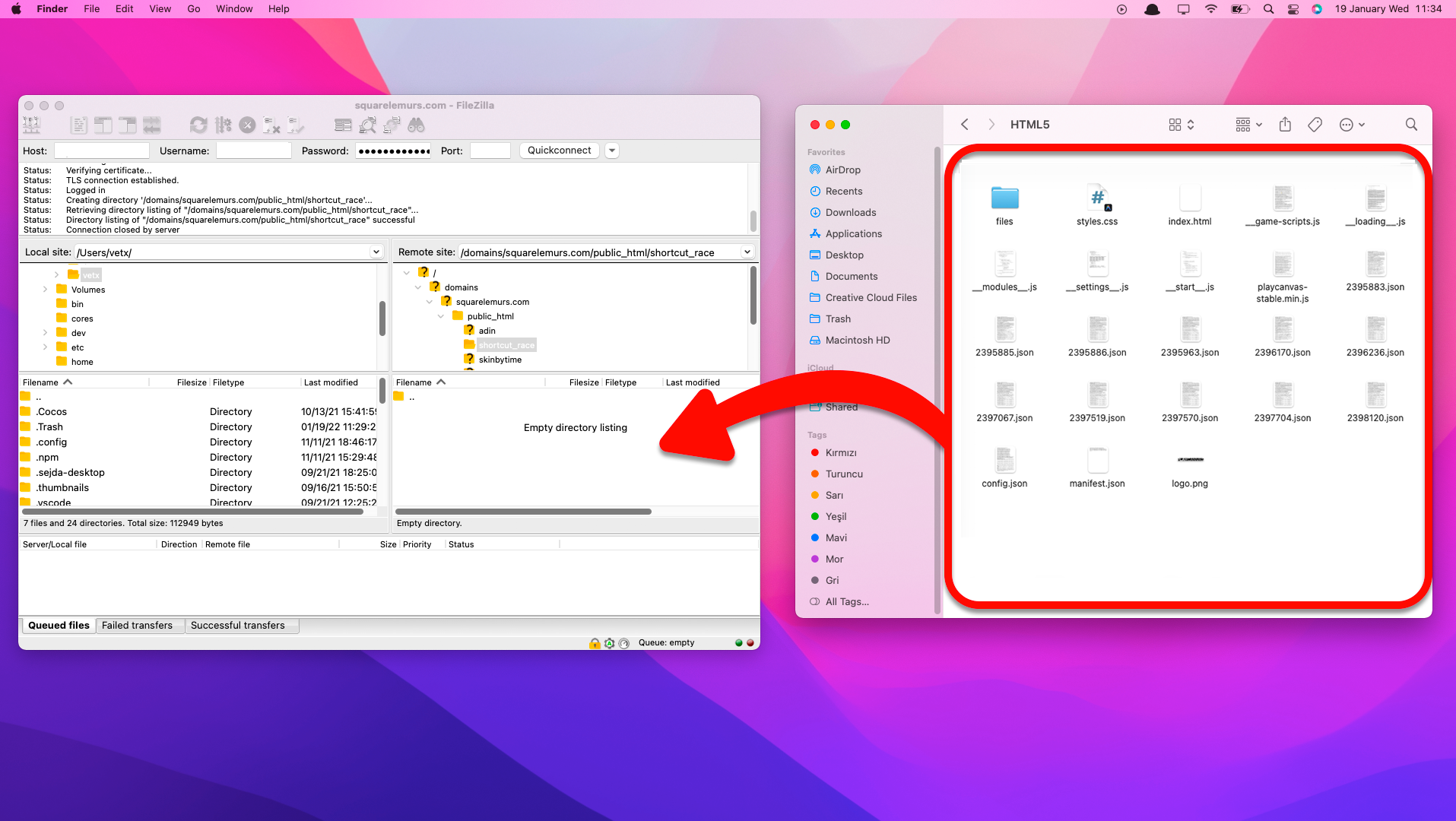 FTP client showing game files uploaded to a website folder