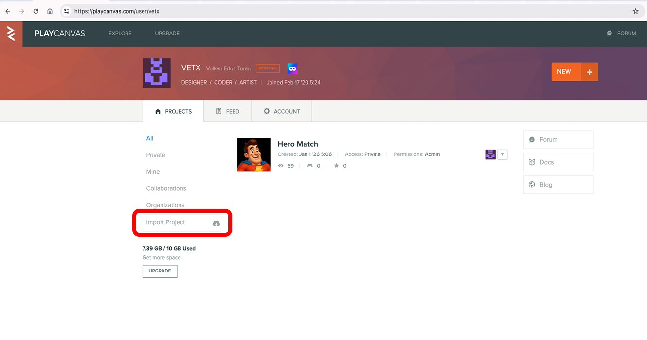 PlayCanvas Projects page with import highlighted
