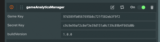 PlayCanvas Editor showing the GameAnalyticsManager script attributes