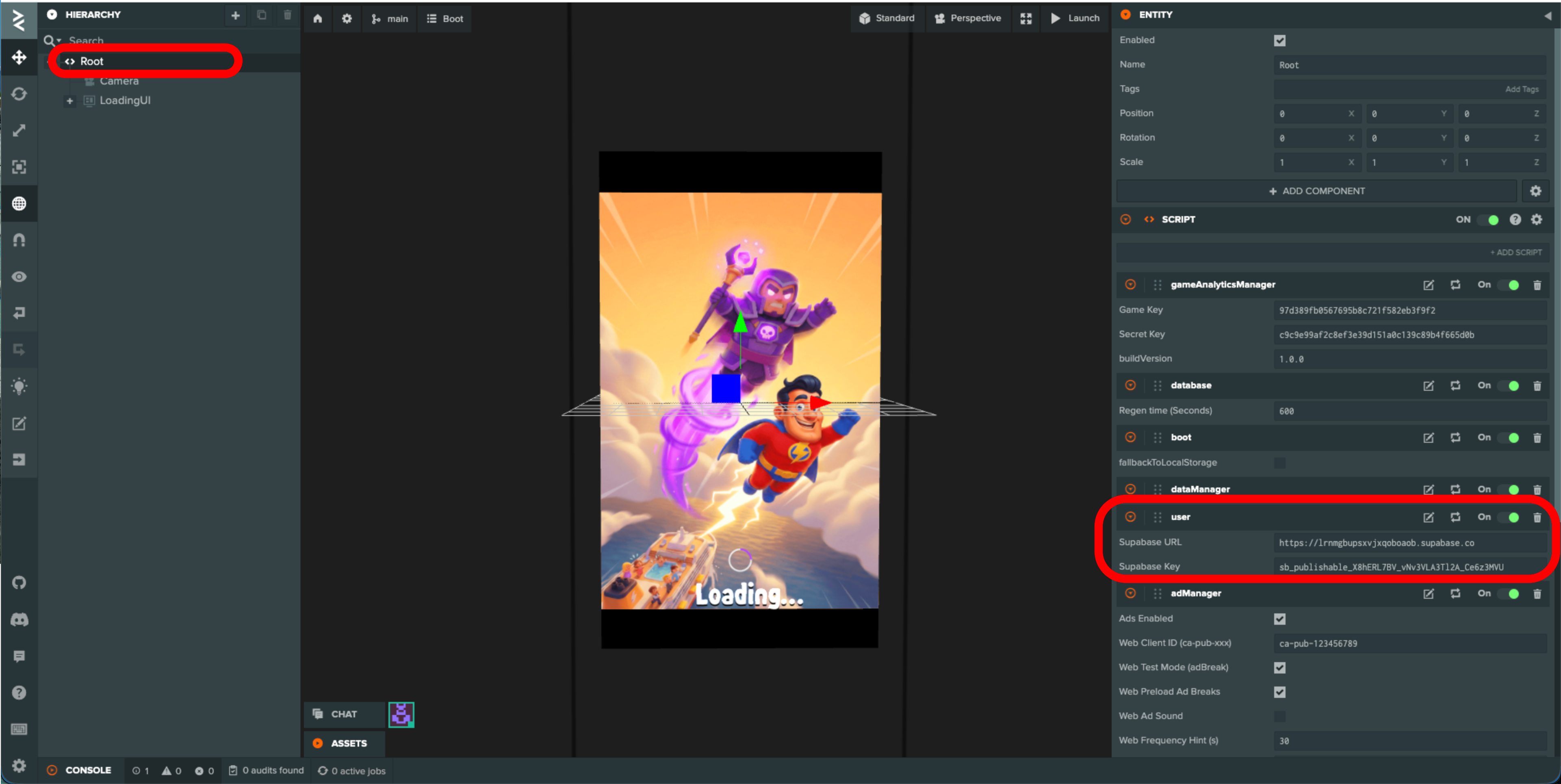 PlayCanvas Editor showing the User.js script attributes (supabaseUrl and supabaseKey) filled in
