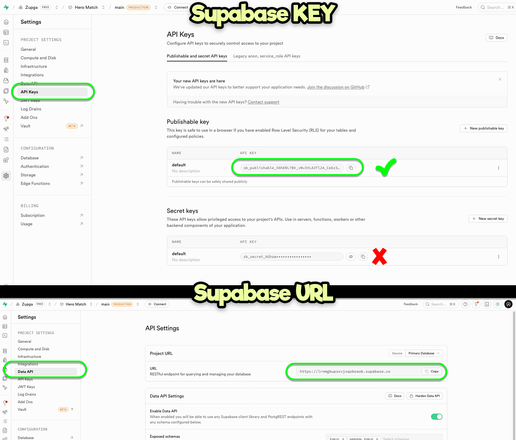 Supabase Project Settings API page showing the Project URL and anon public key
